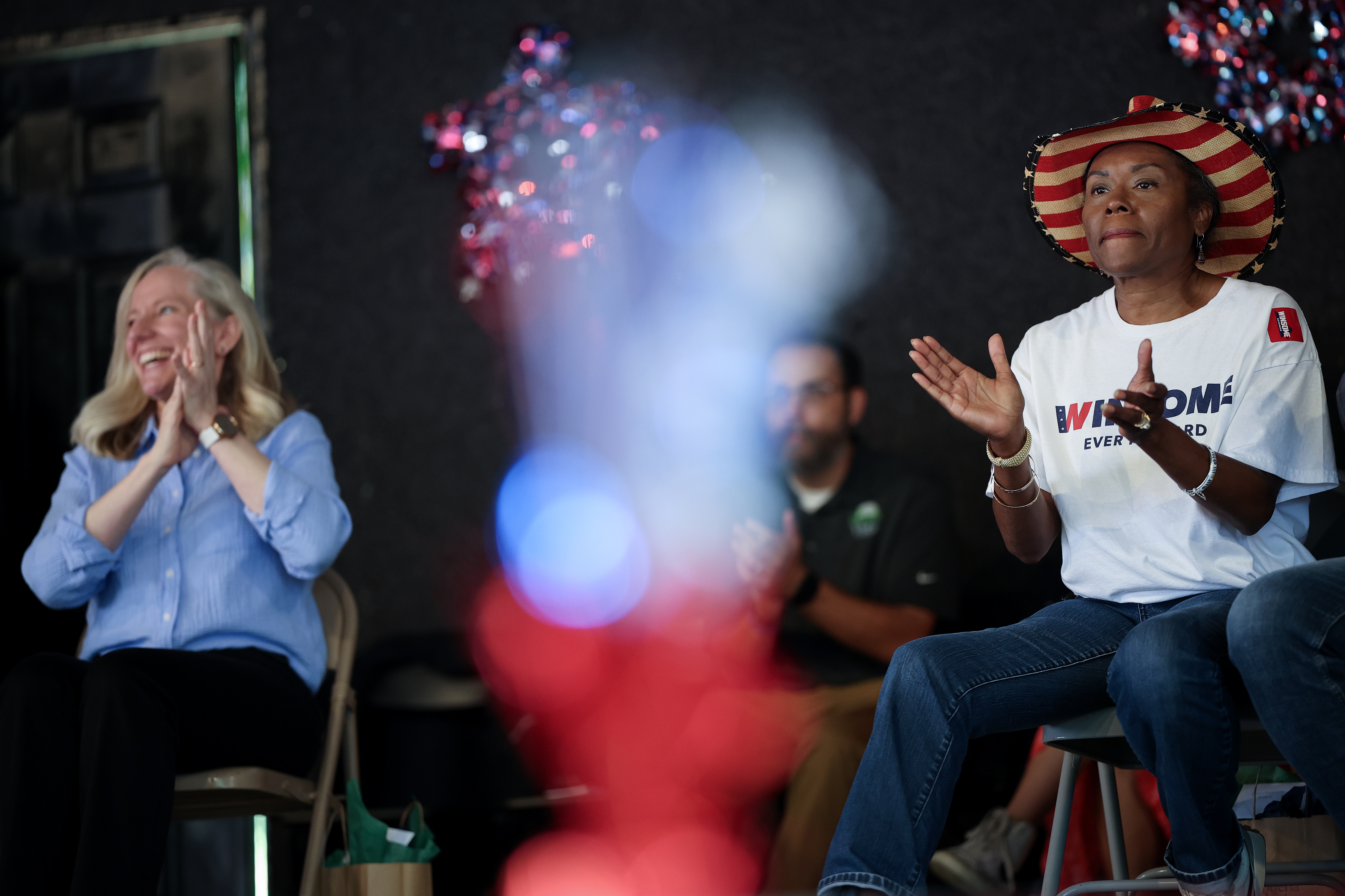 Virginia Republican candidate for governor, Lt. Gov. Winsome Earle-Sears, and former Rep. Abigail Spanberger, the Democratic candidate for governor, wait to speak at the 54th Annual Buena Vista Labor Day Festival on Sept. 1 in Buena Vista, Va. The commonwealth will hold its off-year election for governor and other statewide offices on Nov. 4.